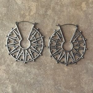 Silver Tone Steel Hoop Earrings with Geometric Design